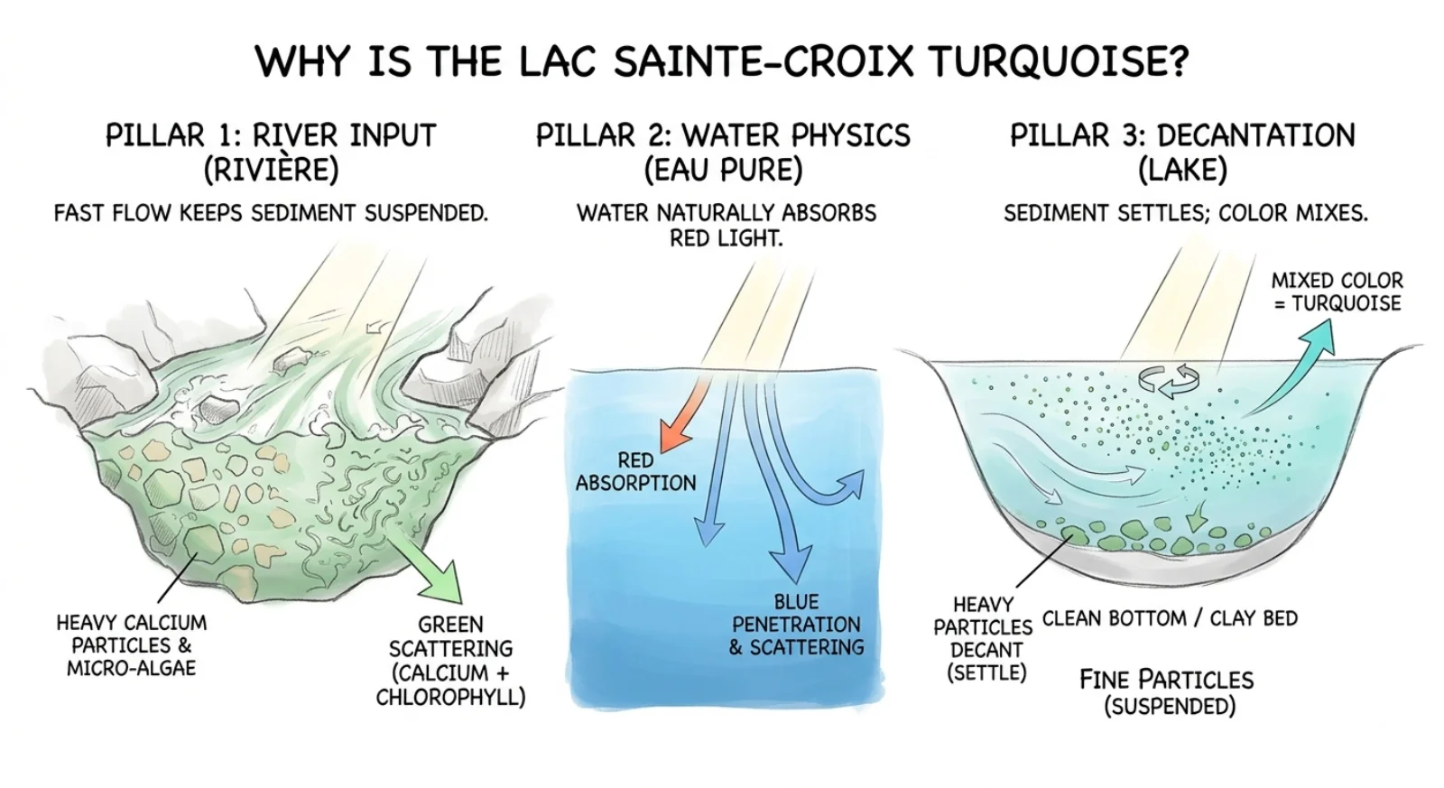 Diagram showing how limestone, micro-algae and the clay bed give Lake Sainte-Croix its turquoise colour
