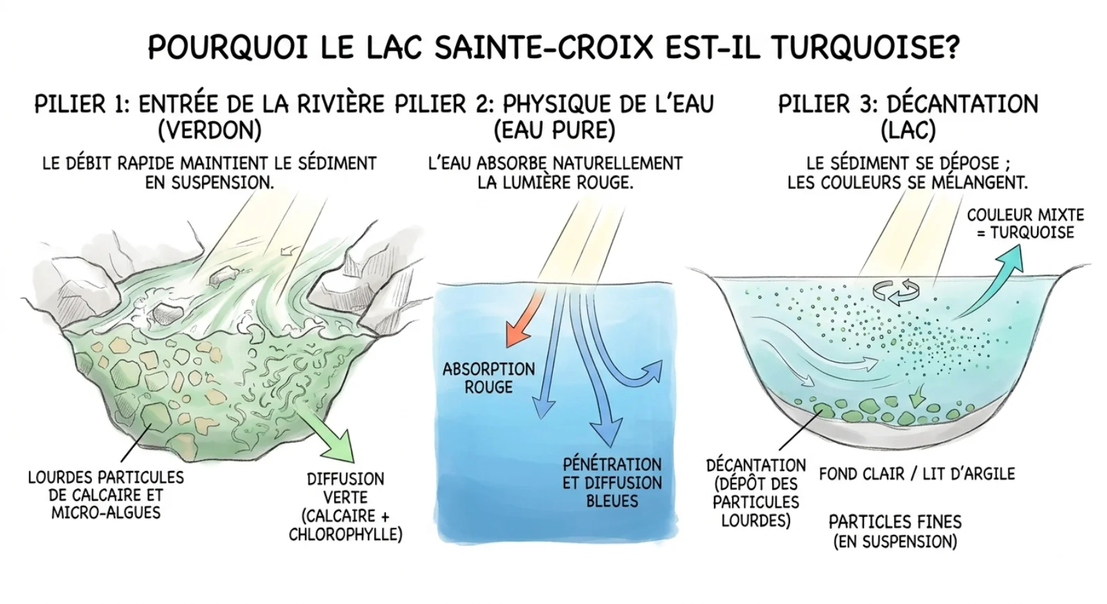 Schéma explicatif : comment le calcaire, les micro-algues et l'argile du fond donnent au Lac de Sainte-Croix sa couleur turquoise
