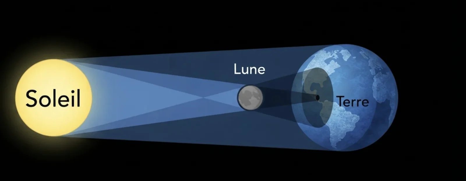 Schéma explicatif d'une éclipse solaire : la Lune s'interpose entre le Soleil et la Terre
